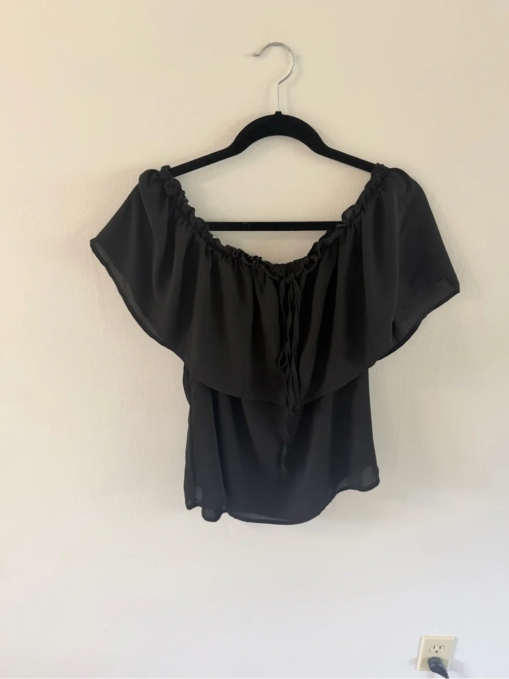 SHEIN Black Off-Shoulder Ruffle Tie-Front Blouse
